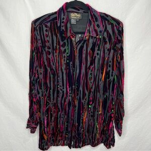 Bob Mackie Multicolor Velvet Burnout Stripes Silk Blend Blouse M/L Art Rainbow